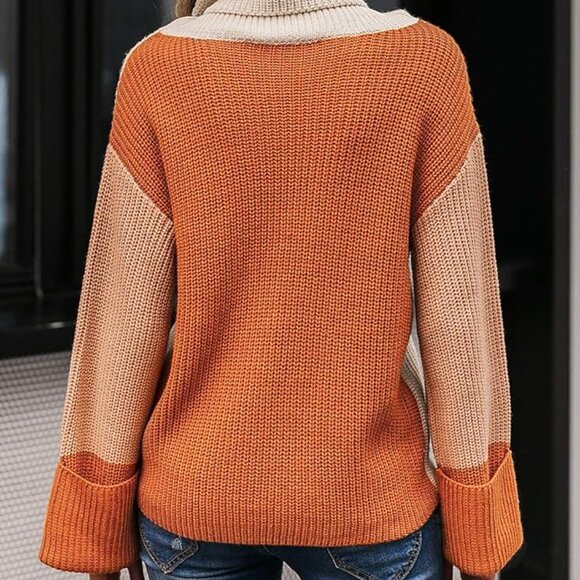 Orange Cream Color Block Turtleneck Chunky Knit Pullover Sweater Women’s Large - Picture 5 of 11